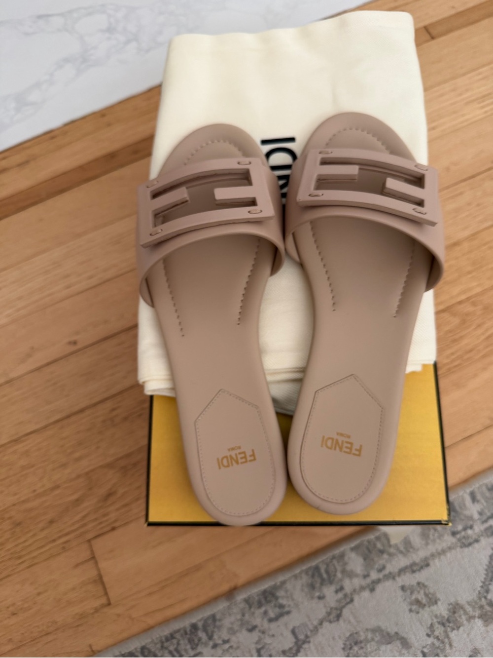 Fendi Taupe Leather Logo Slide Mules